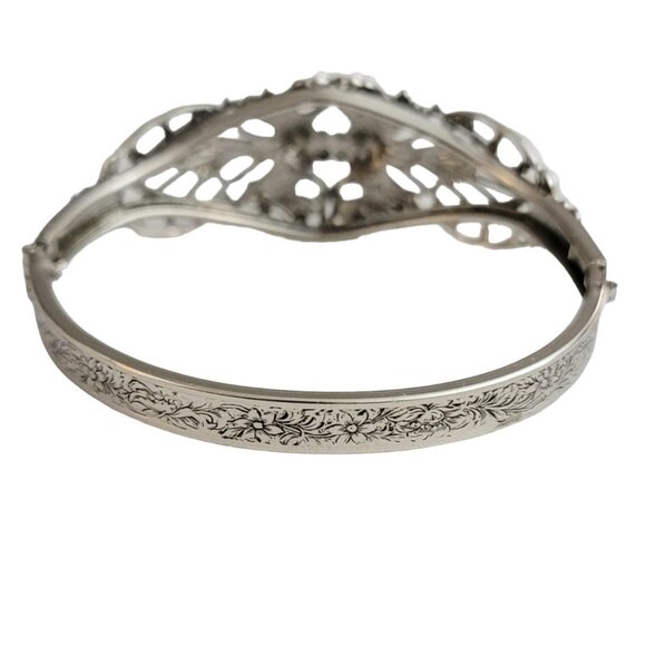 Silver Tone Filigree Victorian Style Tongue Clasp Bangle Bracelet - Picture 7 of 12